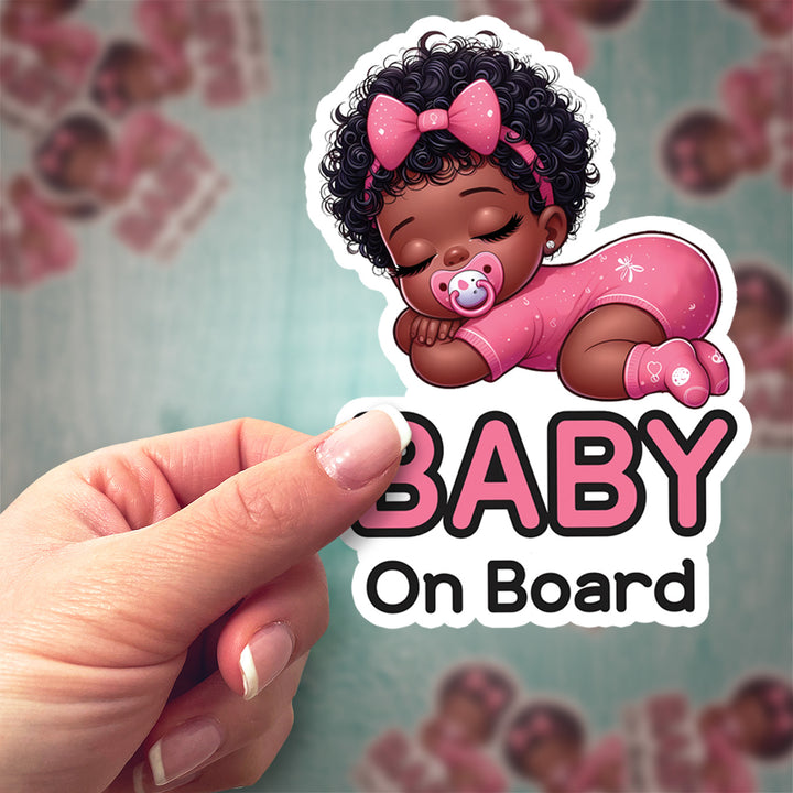 Baby on Board Sticker – Sleeping Baby Girl in Pink Onesie with Bow