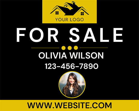 Personalized Black & Gold Real Estate Sign with Agent Photo, Logo & Website