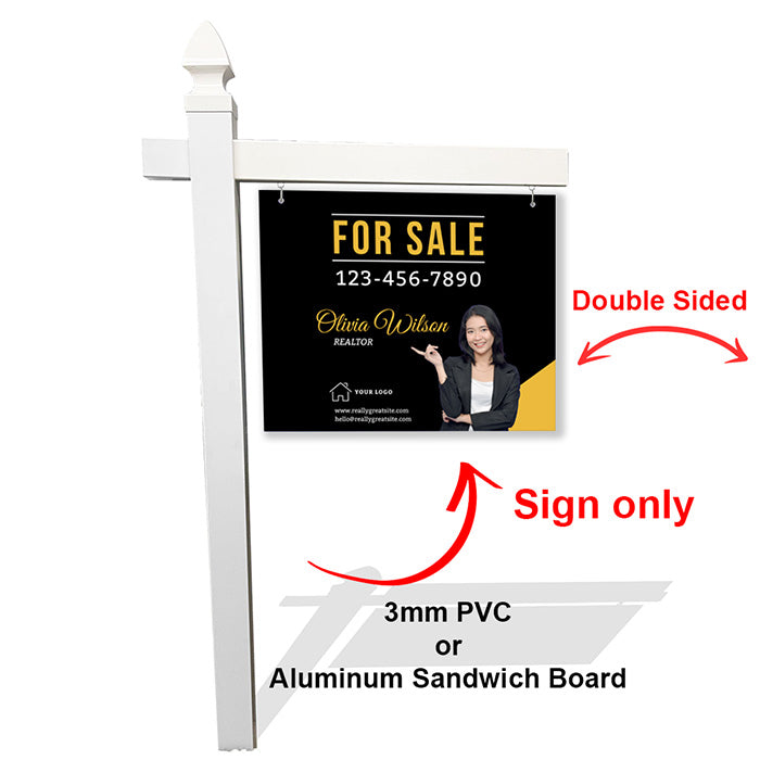 Bold Black & Gold Real Estate Sign – Modern Agent Branding with Photo, Contact & Logo