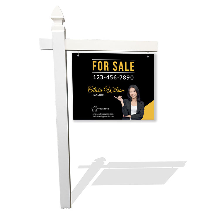 Bold Black & Gold Real Estate Sign – Modern Agent Branding with Photo, Contact & Logo