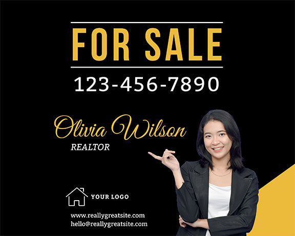 Bold Black & Gold Real Estate Sign – Modern Agent Branding with Photo, Contact & Logo