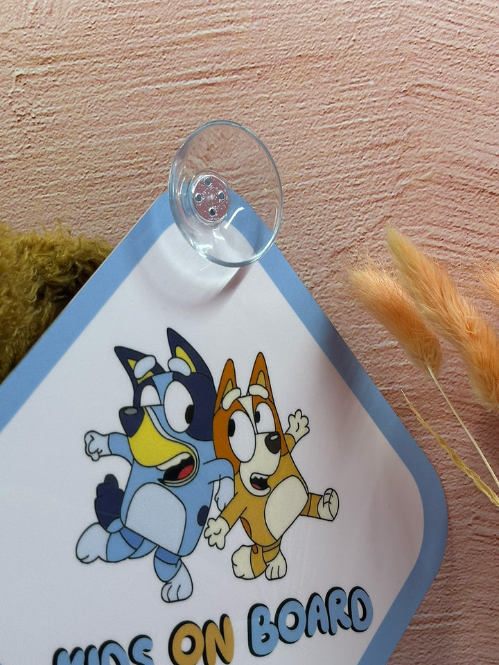 Bluey and Bingo Kids On Board Sign - Cute Aluminum Car Safety Warning Sign with Suction Cups - Durable Blue and Yellow Child Safety Alert