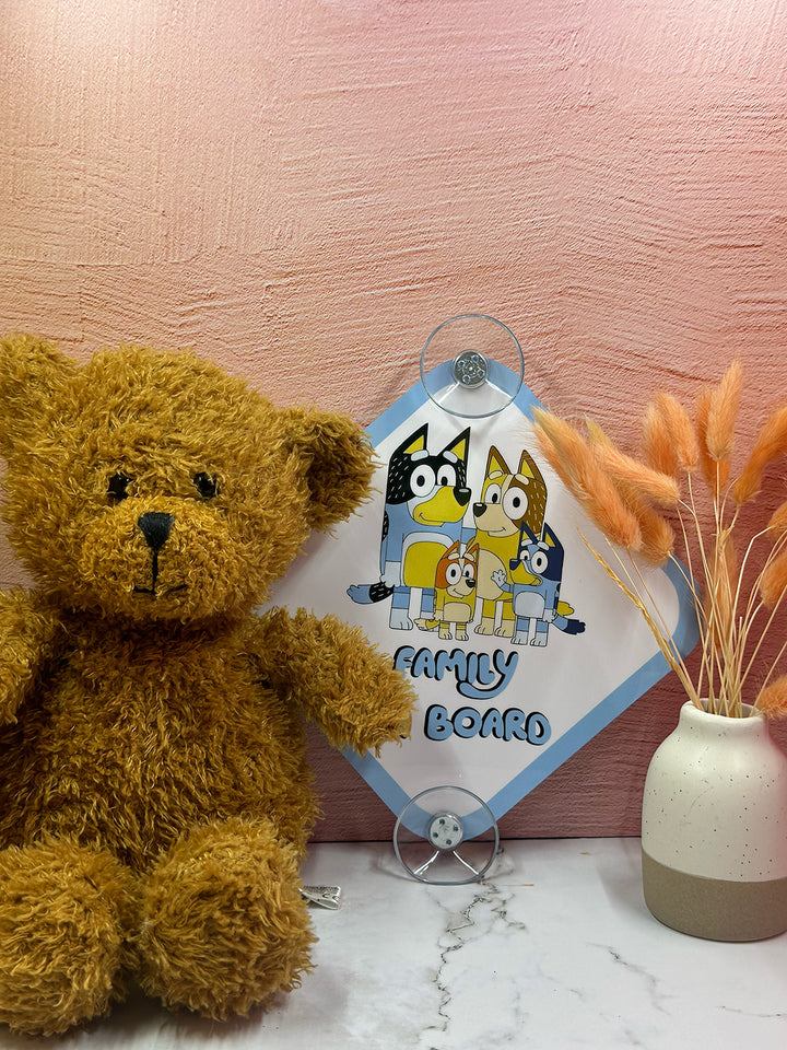 Bluey Family On Board Sign - Cute Aluminum Car Safety Warning Sign with Suction Cups - Durable Blue and White Child Safety Alert