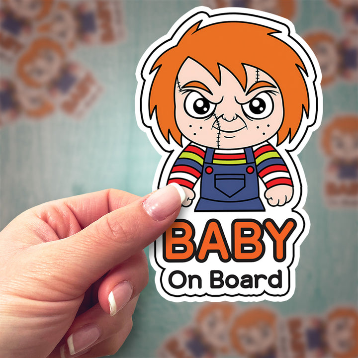 Chucky ‘Baby on Board’ Sticker – Horror-Themed Vinyl Decal