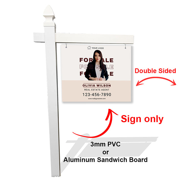 Minimal Cream Real Estate Sign – Modern Overlay Text with Agent Photo & Info