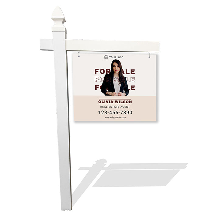 Minimal Cream Real Estate Sign – Modern Overlay Text with Agent Photo & Info