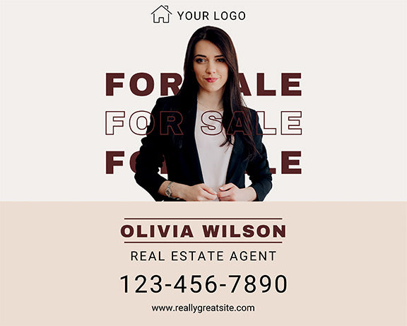 Minimal Cream Real Estate Sign – Modern Overlay Text with Agent Photo & Info