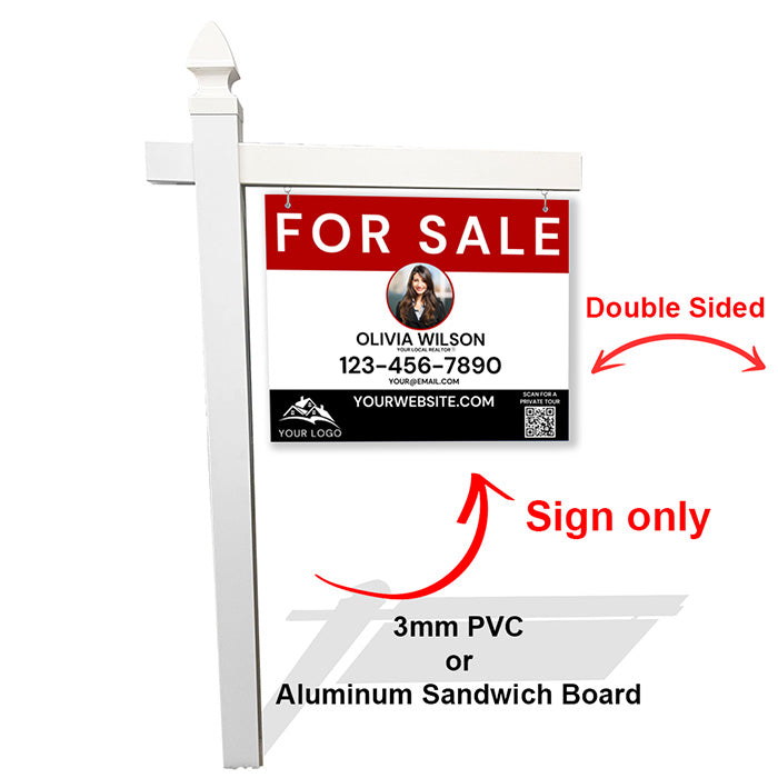 Red & White Real Estate Sign with Photo, Contact Info & QR Code
