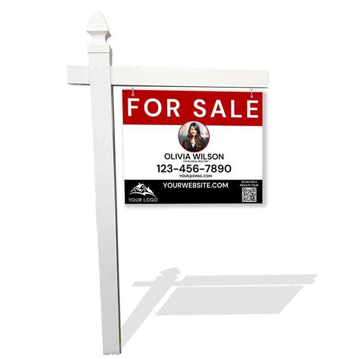 Red & White Real Estate Sign with Photo, Contact Info & QR Code