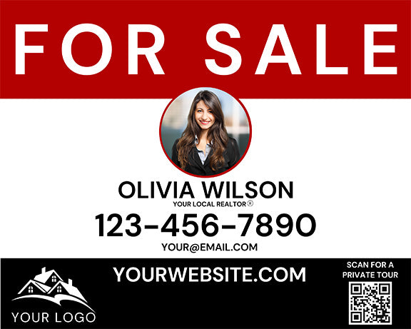 Red & White Real Estate Sign with Photo, Contact Info & QR Code