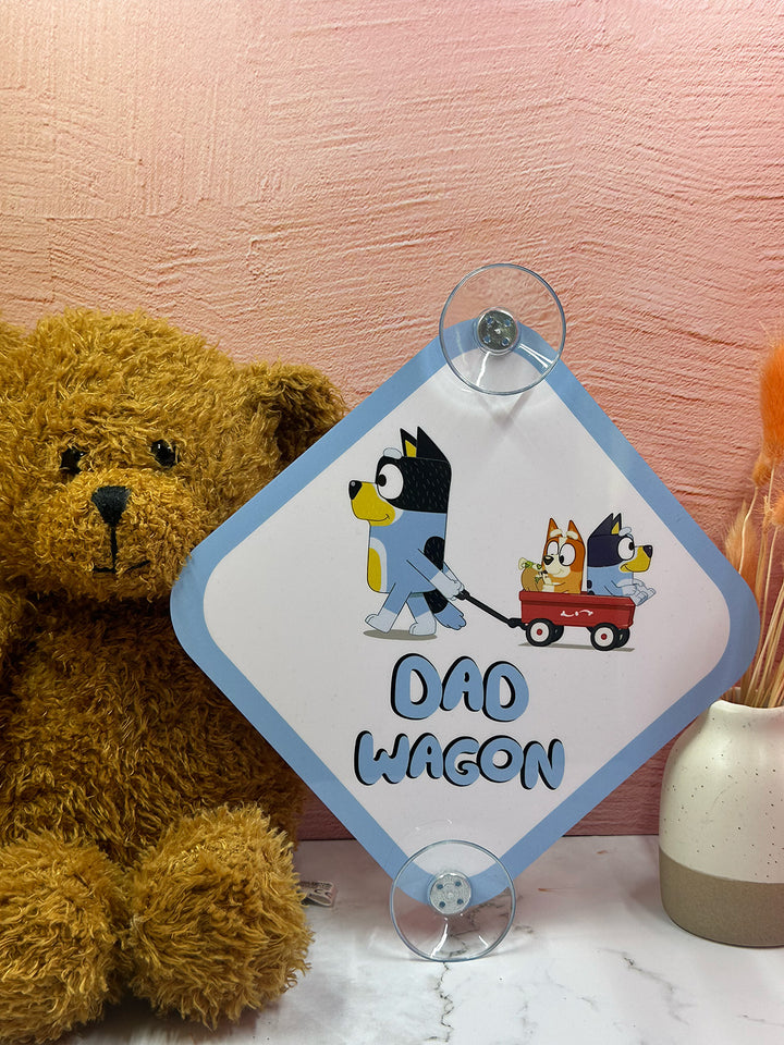 Bluey and Bingo Dad Wagon Sign - Cute Aluminum Car Safety Warning Sign with Suction Cups - Durable Blue and White Child Safety Alert