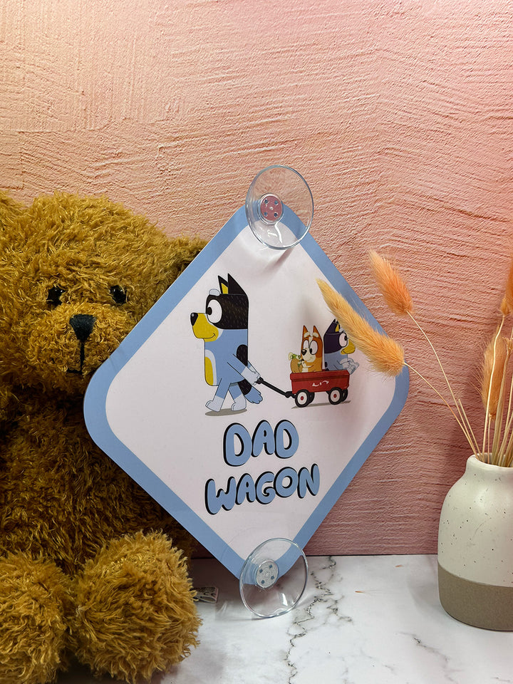 Bluey and Bingo Dad Wagon Sign - Cute Aluminum Car Safety Warning Sign with Suction Cups - Durable Blue and White Child Safety Alert
