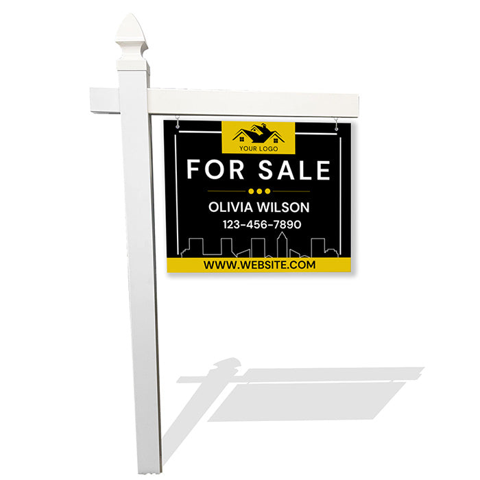 Framed Black & Gold Real Estate Sign – Urban Skyline Design with Custom Info