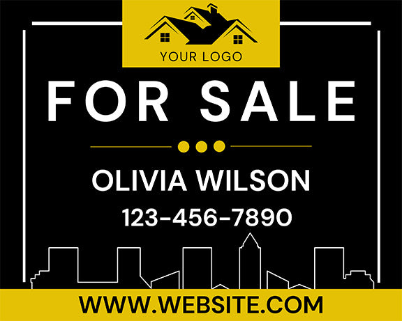 Framed Black & Gold Real Estate Sign – Urban Skyline Design with Custom Info