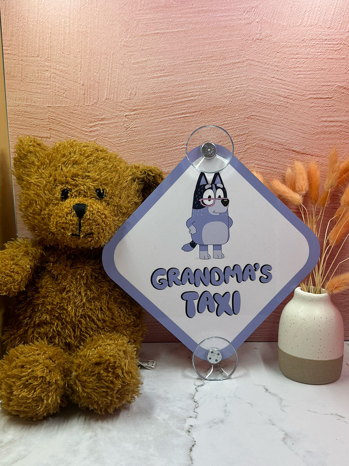 Bluey Grandma's Taxi Sign - Cute Aluminum Car Safety Warning Sign with Suction Cups - Durable Purple and White Child Safety Alert