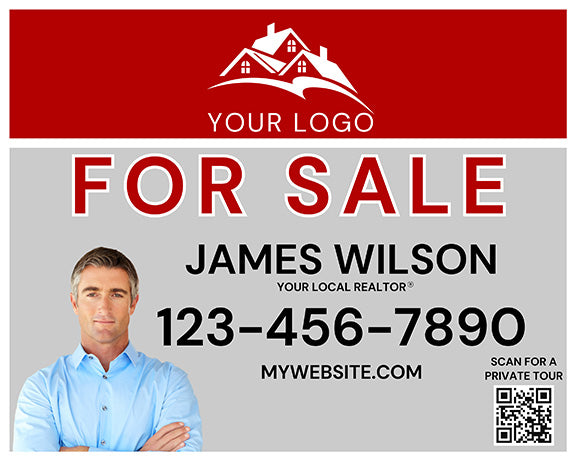 Gray & Red Realtor Sign with Photo, Contact Info & QR Code