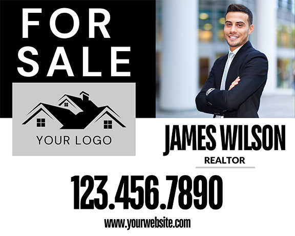 Gray & Black Vertical Real Estate Sign – Bold Agent Photo Layout + Large Contact Info