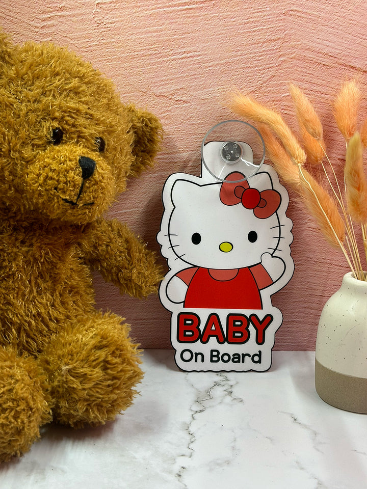 Hello Kitty Baby On Board Sign - Cute Aluminum Car Safety Warning Sign with Suction Cup - Durable Red and White Child Safety Alert