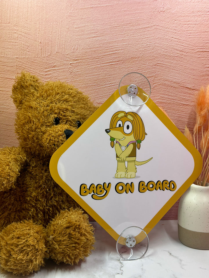 Bluey Baby On Board Sign with Indy - Cute Aluminum Car Safety Warning Sign with Suction Cups - Durable Yellow and White Child Safety Alert