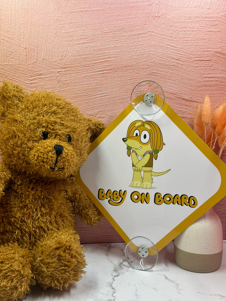 Bluey Baby On Board Sign with Indy - Cute Aluminum Car Safety Warning Sign with Suction Cups - Durable Yellow and White Child Safety Alert