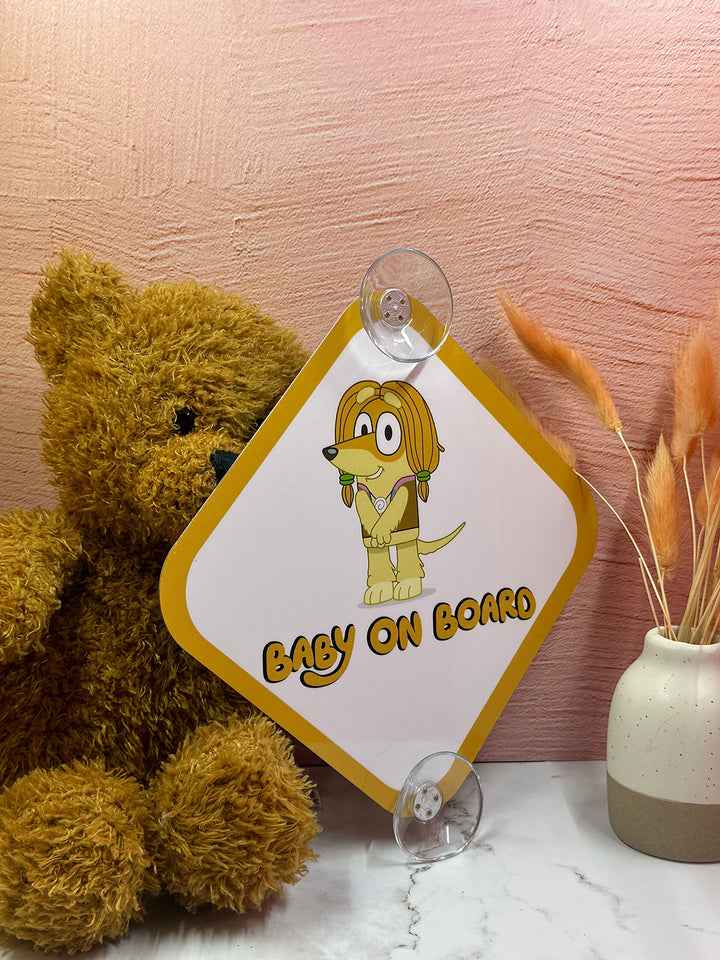 Bluey Baby On Board Sign with Indy - Cute Aluminum Car Safety Warning Sign with Suction Cups - Durable Yellow and White Child Safety Alert