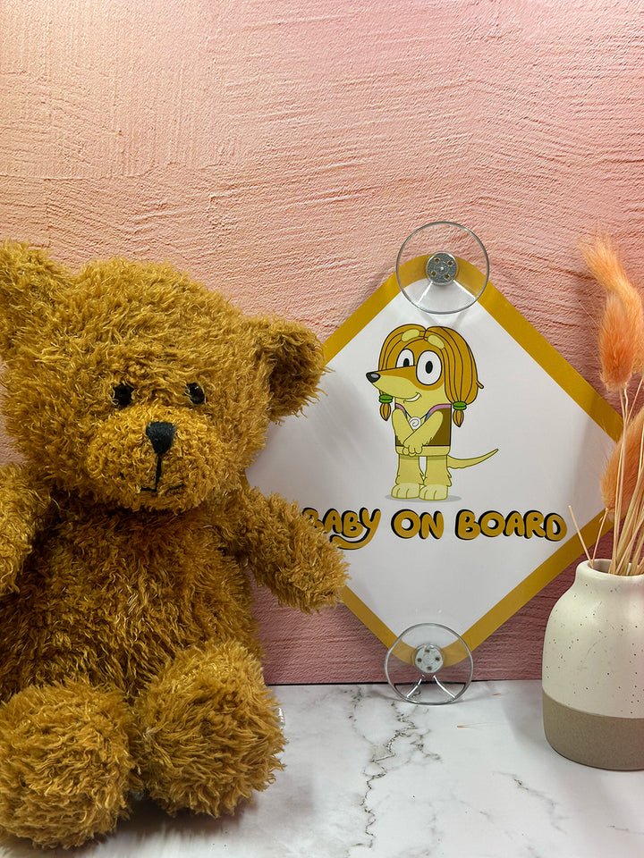 Bluey Baby On Board Sign with Indy - Cute Aluminum Car Safety Warning Sign with Suction Cups - Durable Yellow and White Child Safety Alert