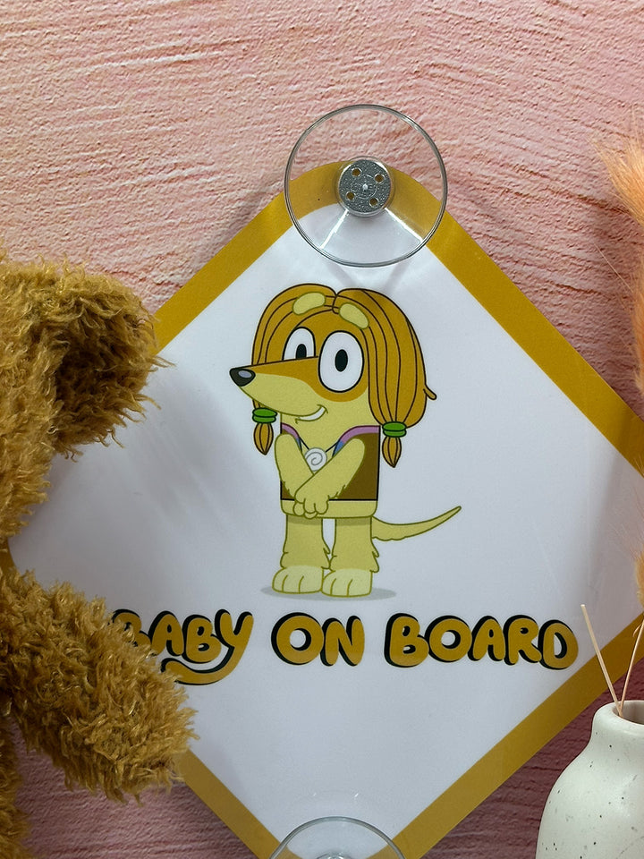Bluey Baby On Board Sign with Indy - Cute Aluminum Car Safety Warning Sign with Suction Cups - Durable Yellow and White Child Safety Alert