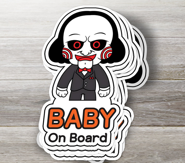 Jigsaw ‘Baby on Board’ Sticker – Creepy Horror Vinyl Decal