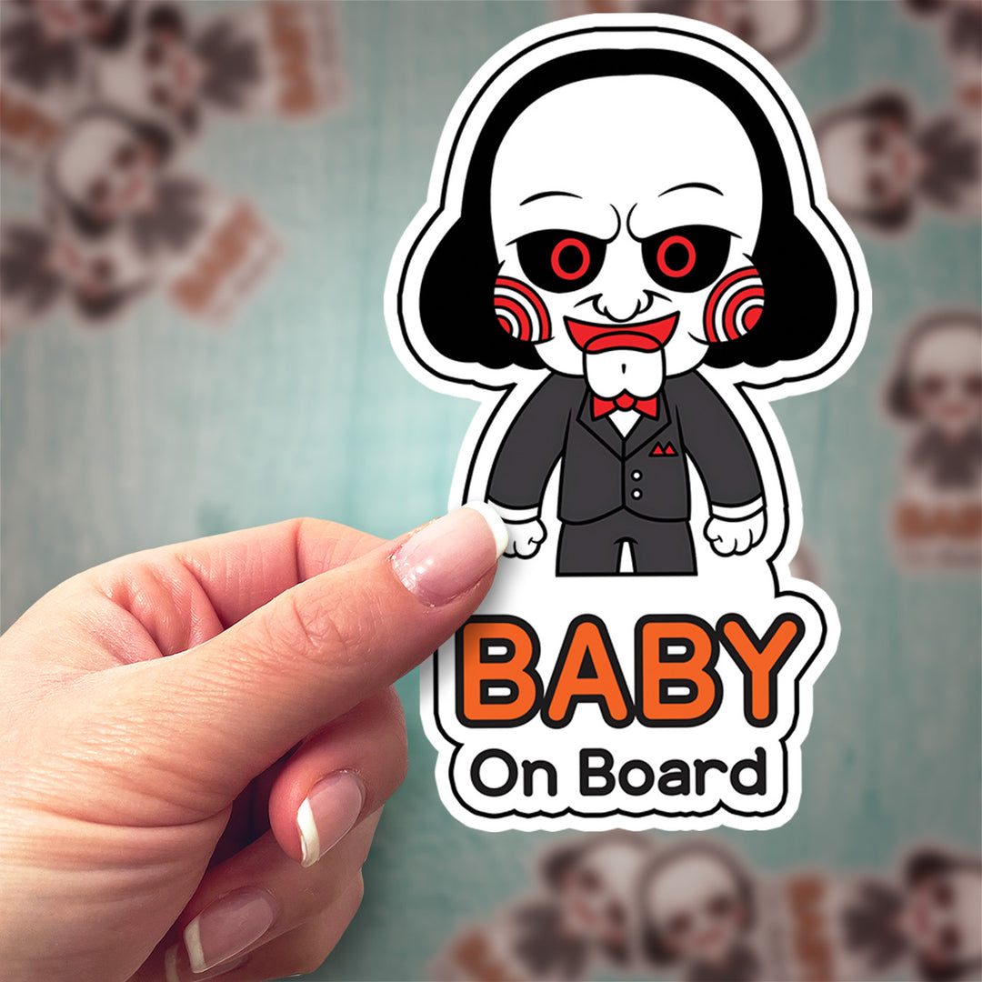 Jigsaw ‘Baby on Board’ Sticker – Creepy Horror Vinyl Decal