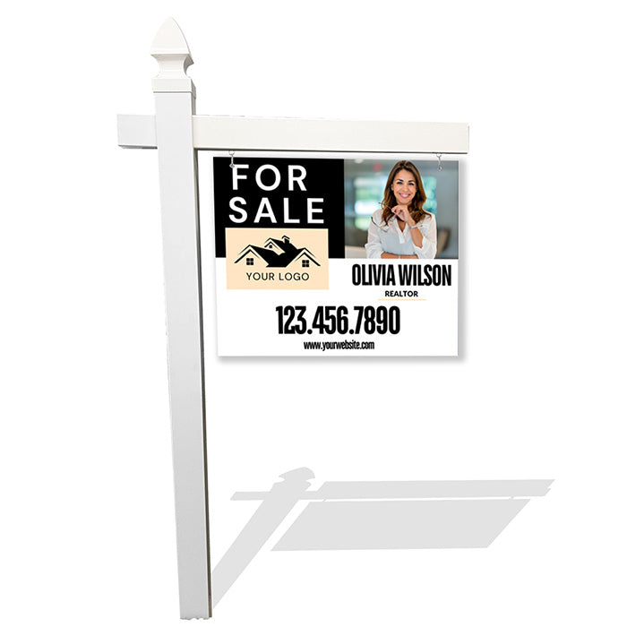 Modern Cream & Black Real Estate Sign – Vertical Layout with Agent Photo & Bold Contact Info