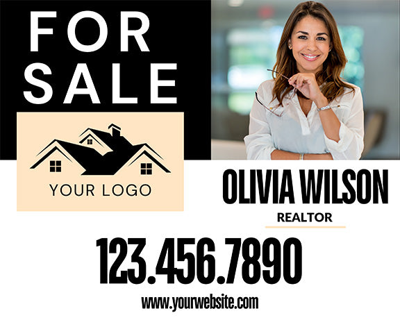 Modern Cream & Black Real Estate Sign – Vertical Layout with Agent Photo & Bold Contact Info