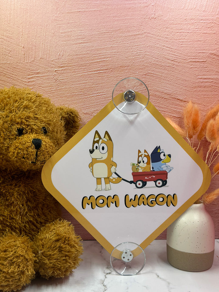 Bluey and Bingo Mom Wagon Sign - Cute Aluminum Car Safety Warning Sign with Suction Cups - Durable Yellow and White Child Safety Alert