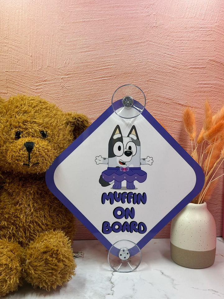 Bluey Muffin On Board Sign - Cute Aluminum Car Safety Warning Sign with Suction Cups - Durable Purple and White Child Safety Alert
