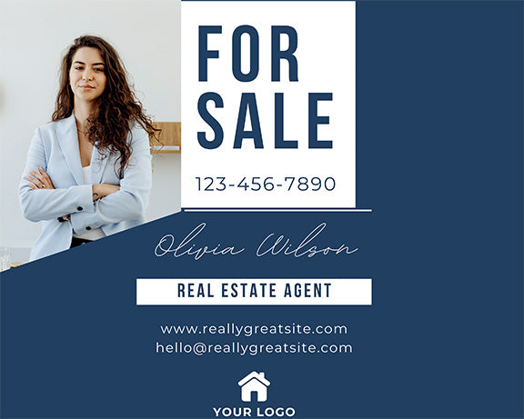 Navy Blue Real Estate Sign with Agent Photo & Script Signature – Elegant Realtor Branding
