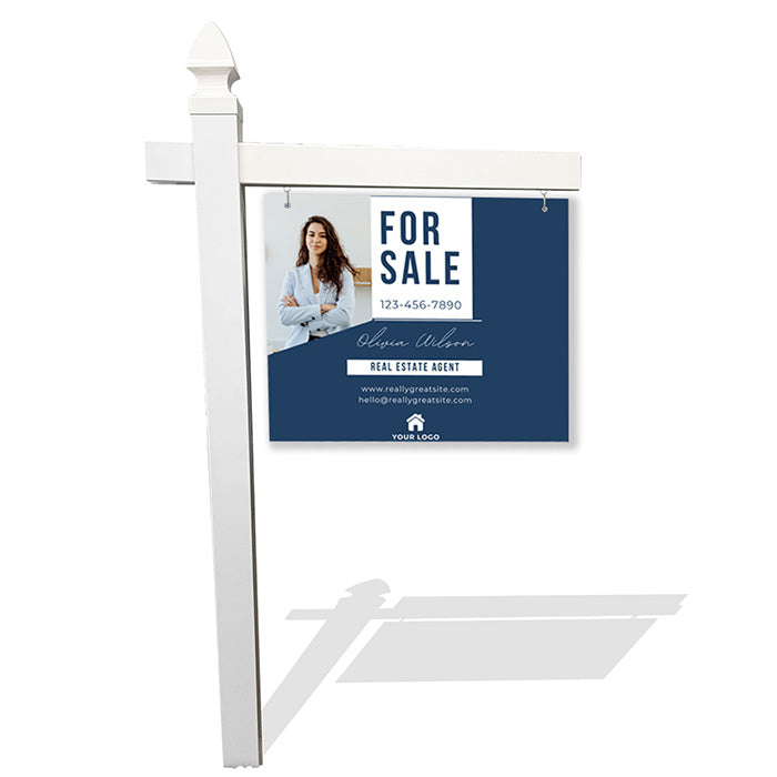 Navy Blue Real Estate Sign with Agent Photo & Script Signature – Elegant Realtor Branding