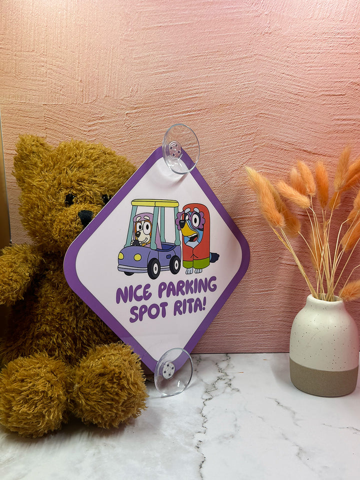 Nice Parking Spot Rita! Sign - Funny Bluey Aluminum Car Safety Warning Sign with Suction Cups - Durable Purple and White Child Safety Alert
