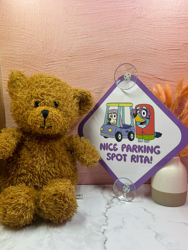 Nice Parking Spot Rita! Sign - Funny Bluey Aluminum Car Safety Warning Sign with Suction Cups - Durable Purple and White Child Safety Alert