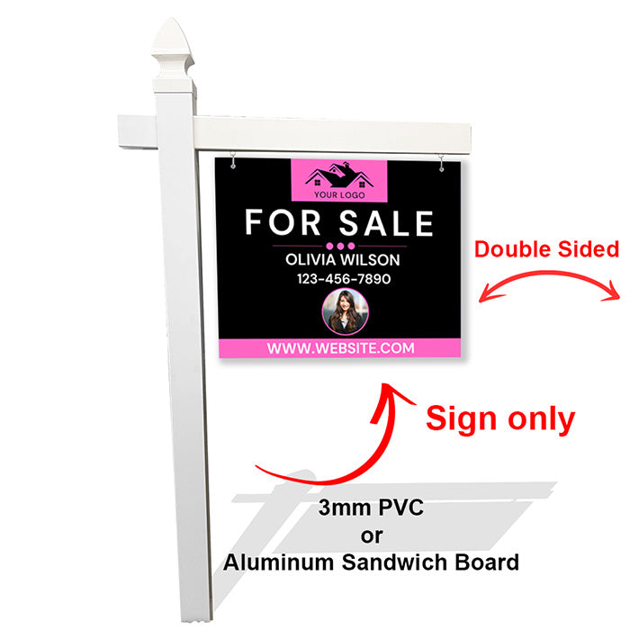 Pink & Black Real Estate Sign with Agent Photo – Custom Contact & Branding