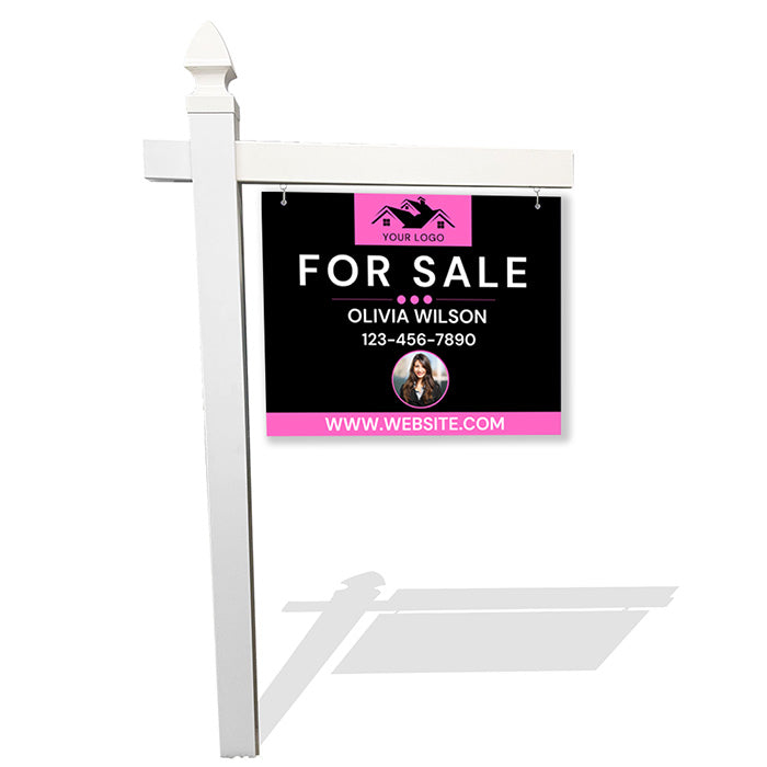 Pink & Black Real Estate Sign with Agent Photo – Custom Contact & Branding