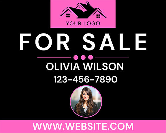 Pink & Black Real Estate Sign with Agent Photo – Custom Contact & Branding