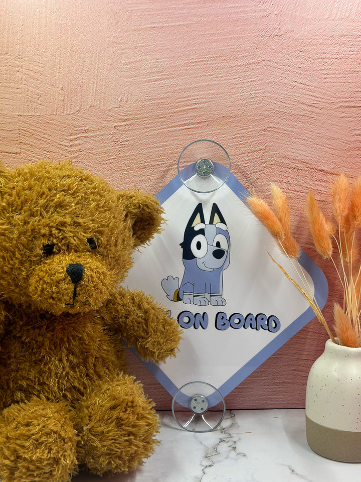 Bluey Baby On Board Sign - Cute Aluminum Car Safety Warning Sign with Suction Cup - Durable Blue and White Child Safety Alert