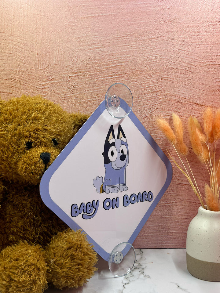 Bluey Baby On Board Sign - Cute Aluminum Car Safety Warning Sign with Suction Cup - Durable Blue and White Child Safety Alert
