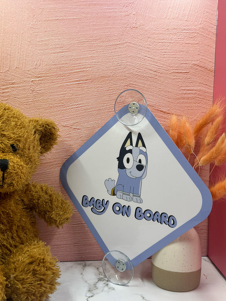 Bluey Baby On Board Sign - Cute Aluminum Car Safety Warning Sign with Suction Cup - Durable Blue and White Child Safety Alert