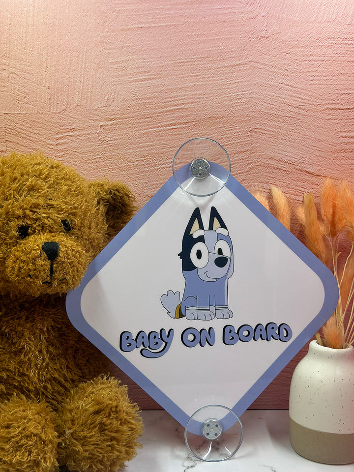 Bluey Baby On Board Sign - Cute Aluminum Car Safety Warning Sign with Suction Cup - Durable Blue and White Child Safety Alert