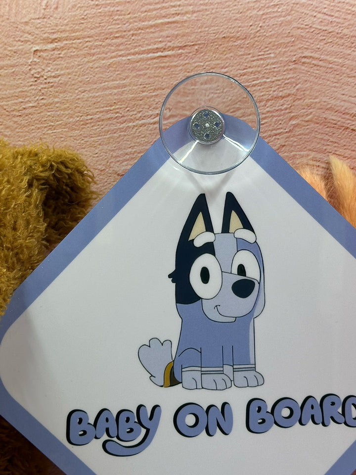 Bluey Baby On Board Sign - Cute Aluminum Car Safety Warning Sign with Suction Cup - Durable Blue and White Child Safety Alert