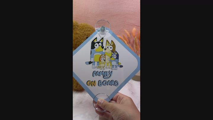 Bluey Family On Board Sign - Cute Aluminum Car Safety Warning Sign with Suction Cups - Durable Blue and White Child Safety Alert