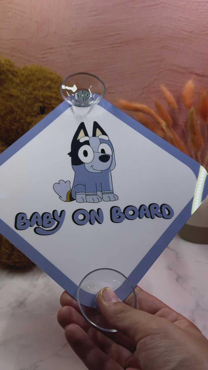 Bluey Baby On Board Sign - Cute Aluminum Car Safety Warning Sign with Suction Cup - Durable Blue and White Child Safety Alert