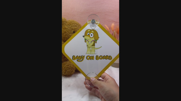 Bluey Baby On Board Sign with Indy - Cute Aluminum Car Safety Warning Sign with Suction Cups - Durable Yellow and White Child Safety Alert