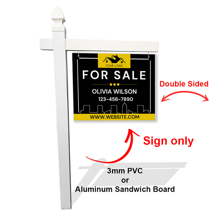 Framed Black & Gold Real Estate Sign – Urban Skyline Design with Custom Info