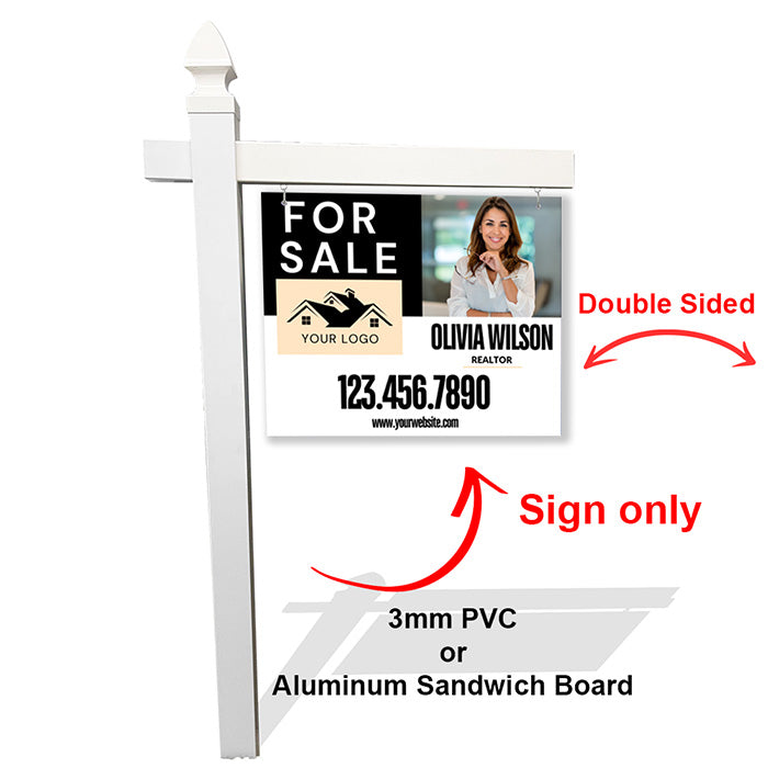 Modern Cream & Black Real Estate Sign – Vertical Layout with Agent Photo & Bold Contact Info